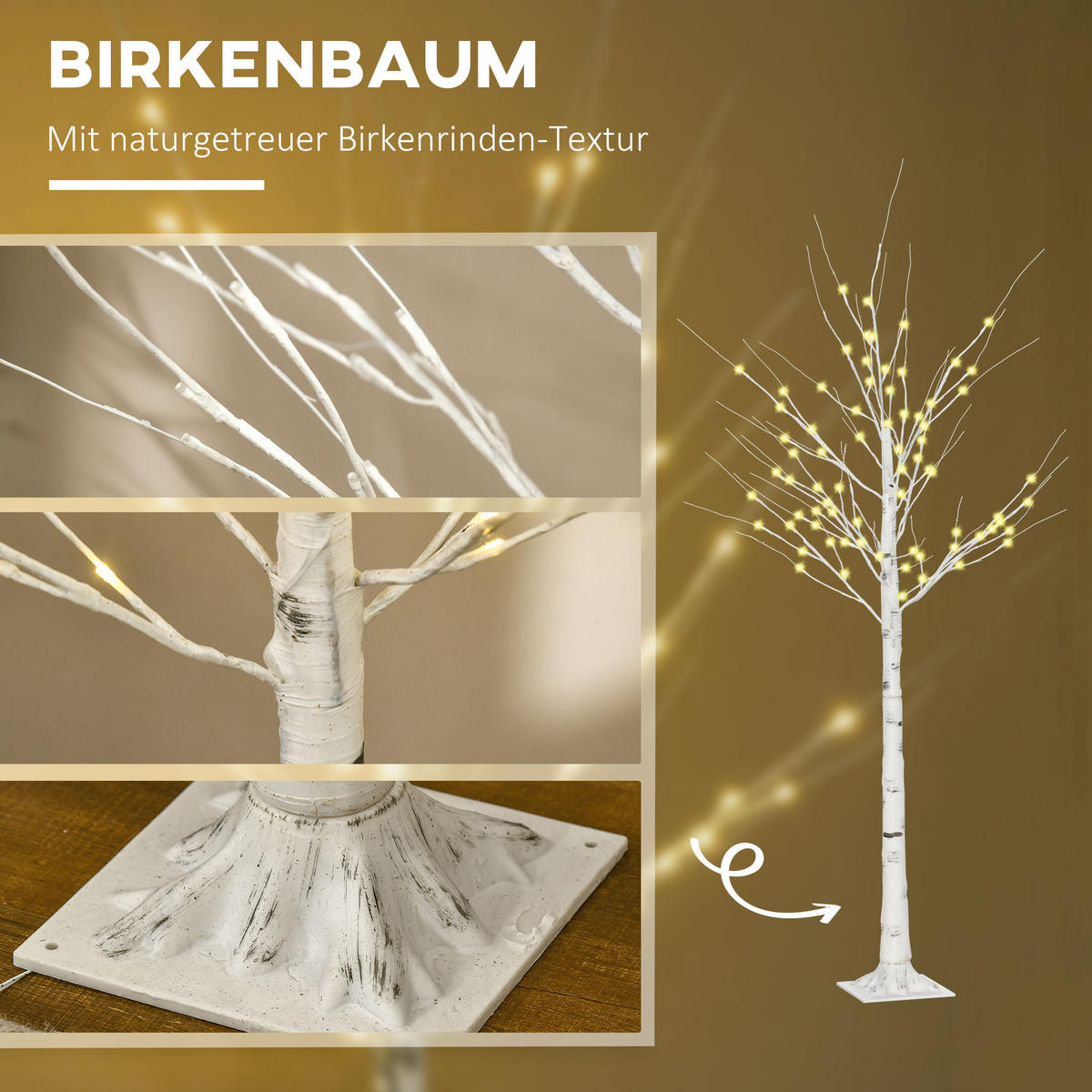 180 cm Kunstbirke Kunstbaum mit LED-Beleuchtung für Weihnachten Ostern Warmweiß - Weiß, Kunststoff (22/22/180cm) - HOMCOM