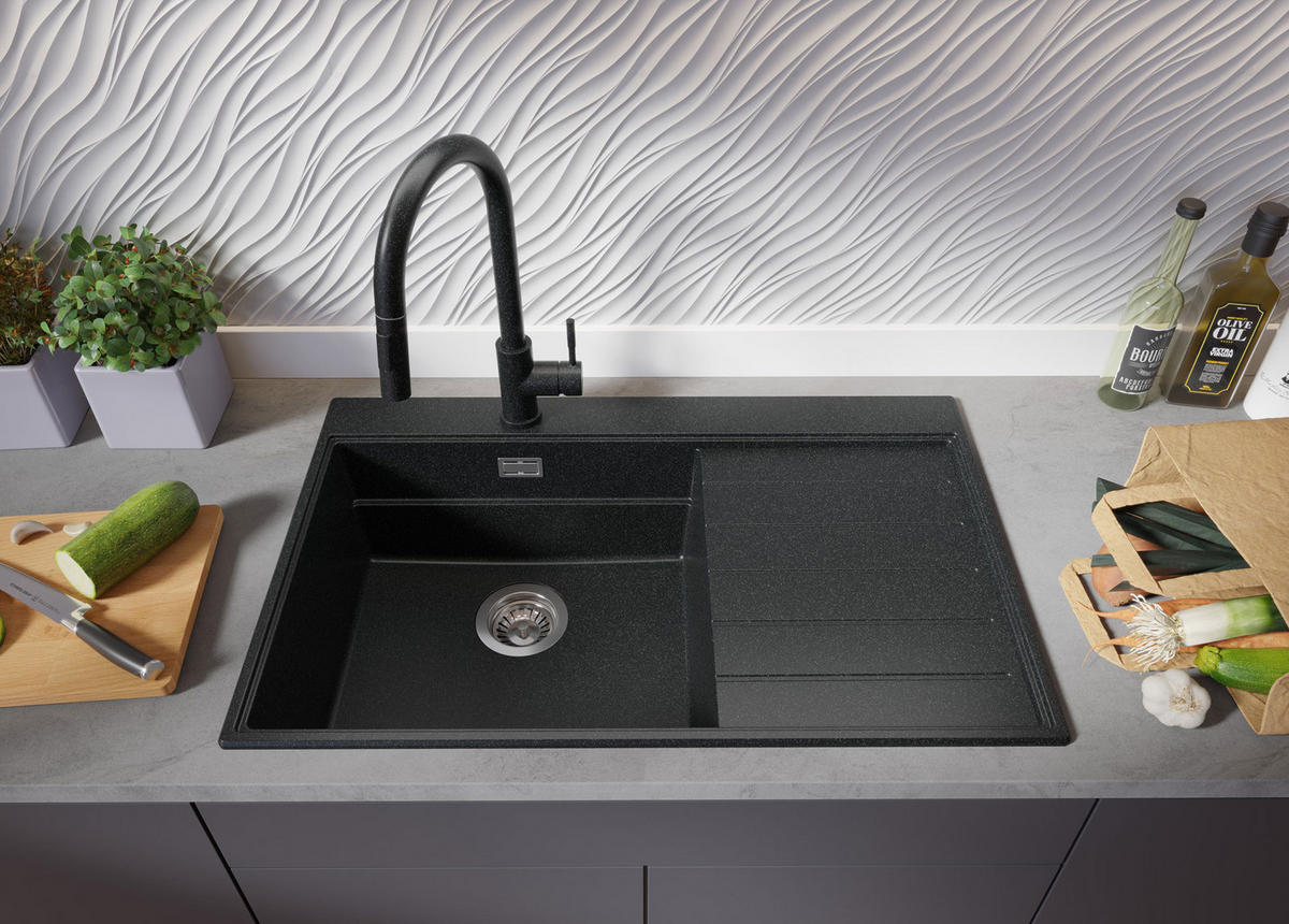 SPÜLBECKEN Sydney, 2-er set Anthrazit 78/50 cm 1 Becken + Ablauf-Set + Küchenzubehörset ab 50er Unterschrank - Chromfarben/Anthrazit, Kunststoff (78/20/50cm) - Primagran