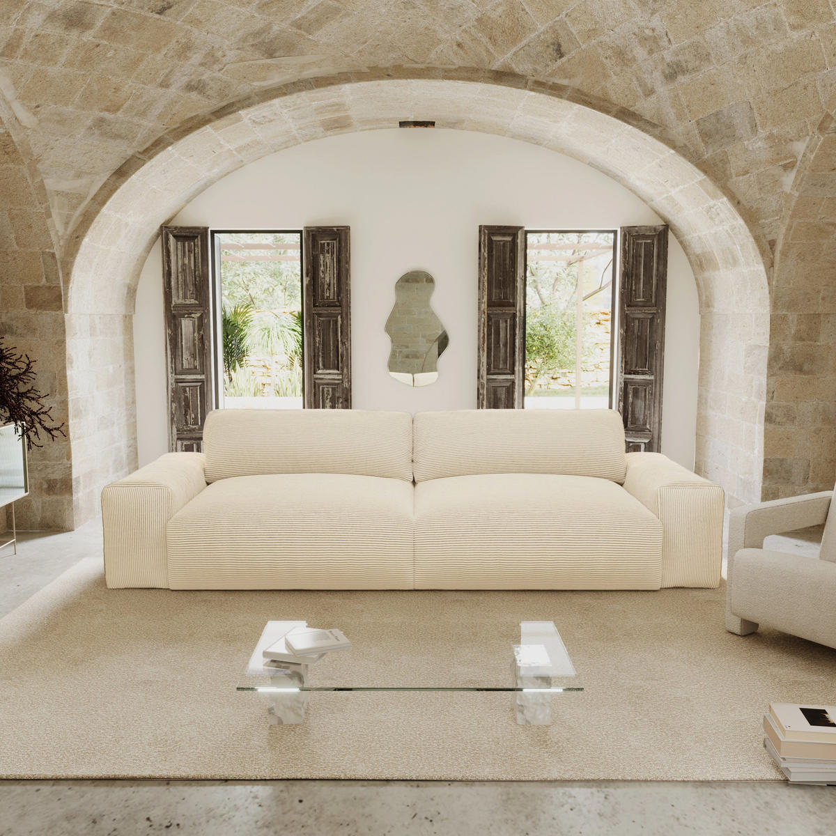 SOFA 3-SITZER Gerippter Samt Creme 220cm - Creme, Textil (220/47/120cm) - Sia Home
