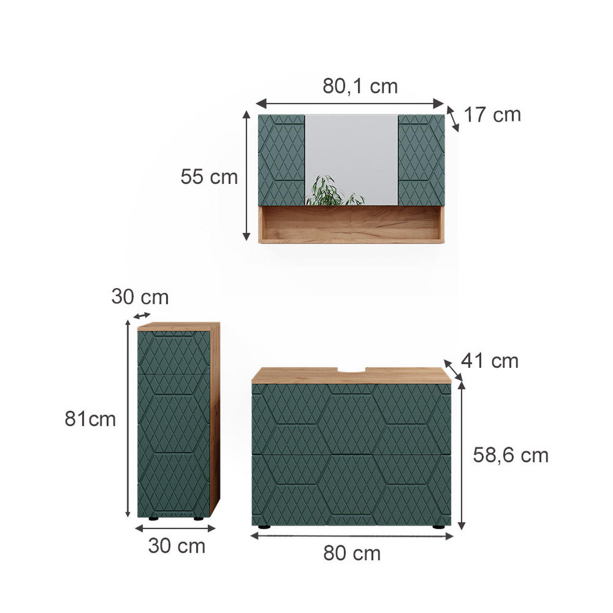 BADMÖBEL-SET Irma Grün 3 Teile, mit Schubladenschrank und Midischrank - Eiche Wotan/Grün, Holzwerkstoff (80/58.6/41cm) - Vicco