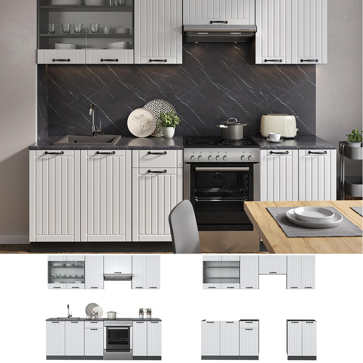 KÜCHENZEILE Fame-Line Weiß Landhaus/Anthrazit 240 cm, AP Marmor - Anthrazit/Creme, Holzwerkstoff (240/81.6/60cm) - Vicco