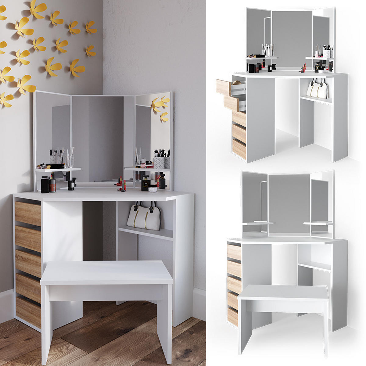 ECKSCHMINKTISCH Arielle Weiß/Sonoma 110 cm mit Bank - Weiß/Sonoma Eiche, Holzwerkstoff (110/141.5/54cm) - Vicco