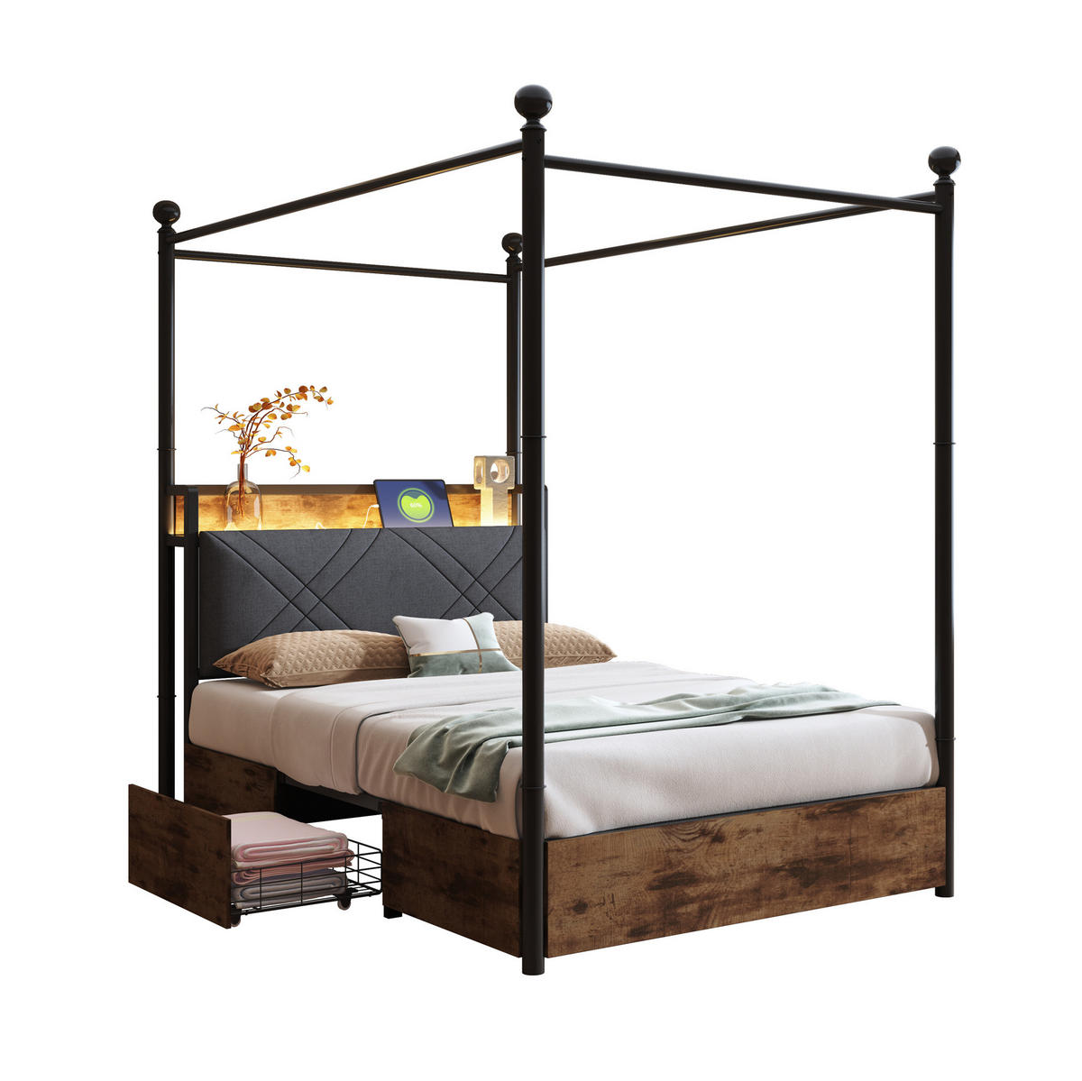 KOVOVÁ postel 90/190 cm s odnímatelným baldachýnem, LED osvětlením, USB a USB-C porty a úložným prostorem, Černá - černá, kov (90/190cm) - Redom
