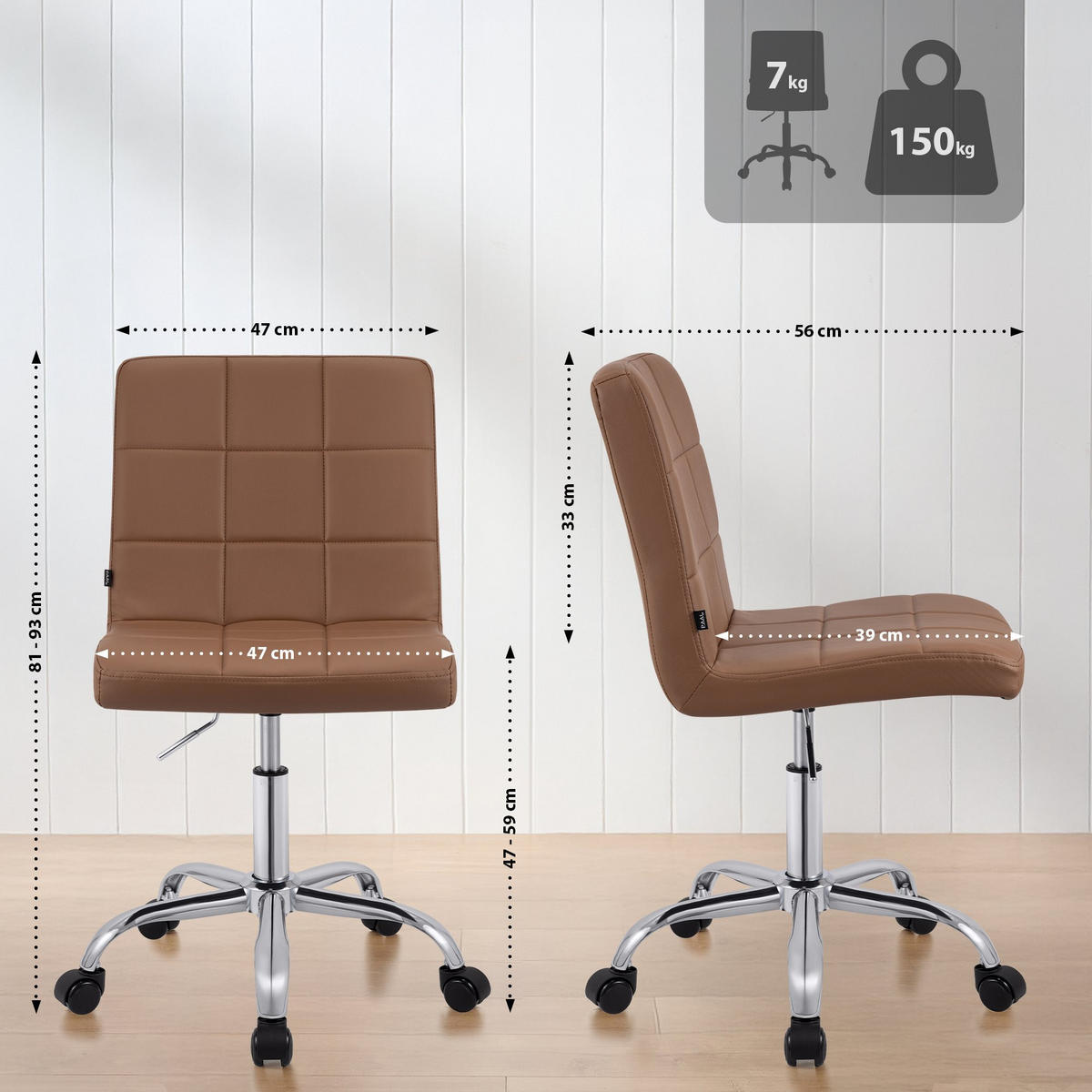 DREHSTUHL Lederlook Hellbraun - Chromfarben/Hellbraun, Textil/Metall (47/93/56cm) - CLP