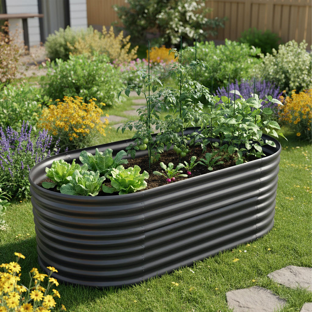 Thumbnail - Relaxdays Hochbeet, Anthrazit, Metall, Oval, 200x60x100 cm, Gartenzubehör, Hochbeete