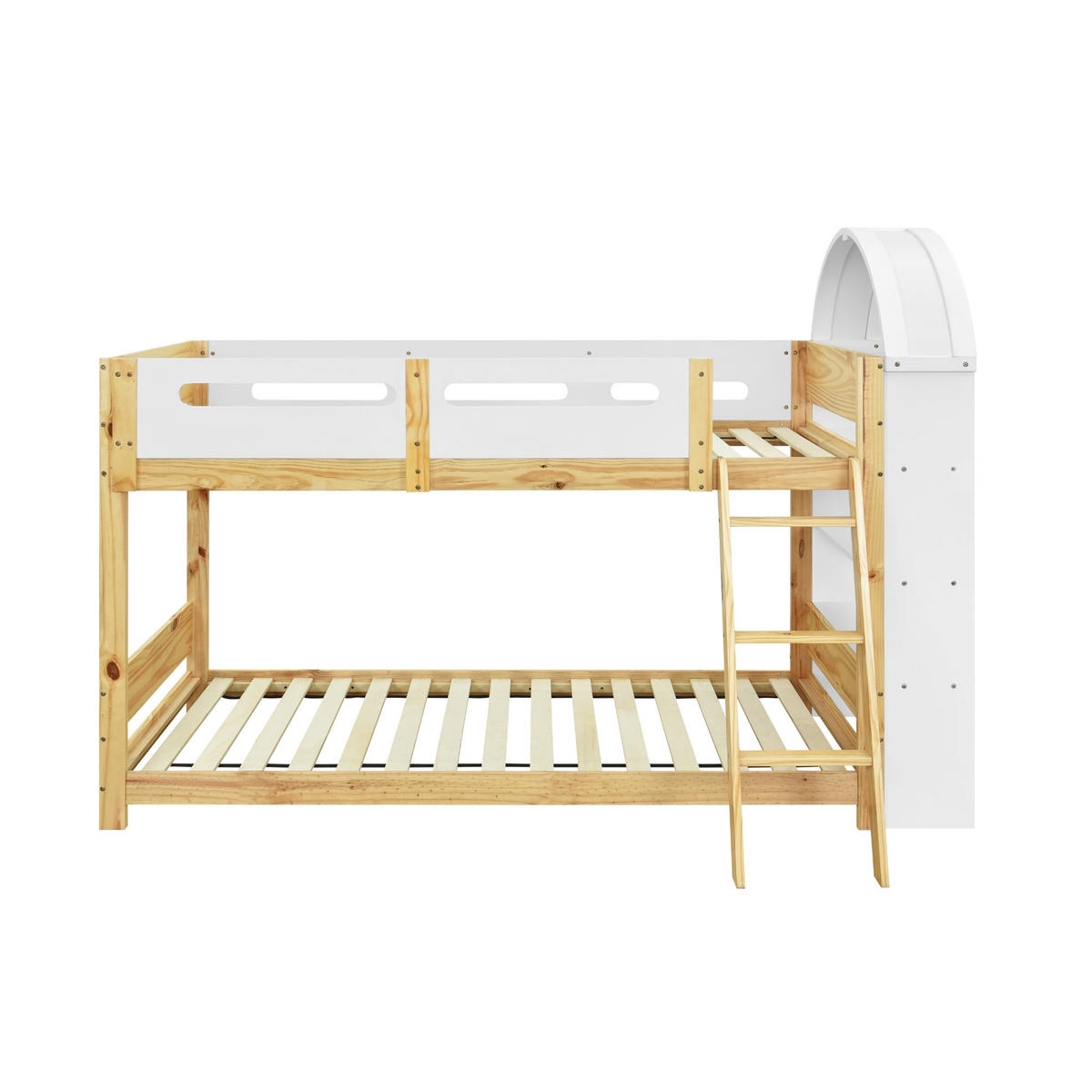 ETAGENBETT 90/200 cm Weiß+Natur mit dreistufigem Regal und sicherem Bettgitter aus Kiefer und MDF - Naturfarben, Holzwerkstoff (90/200cm) - OKWISH