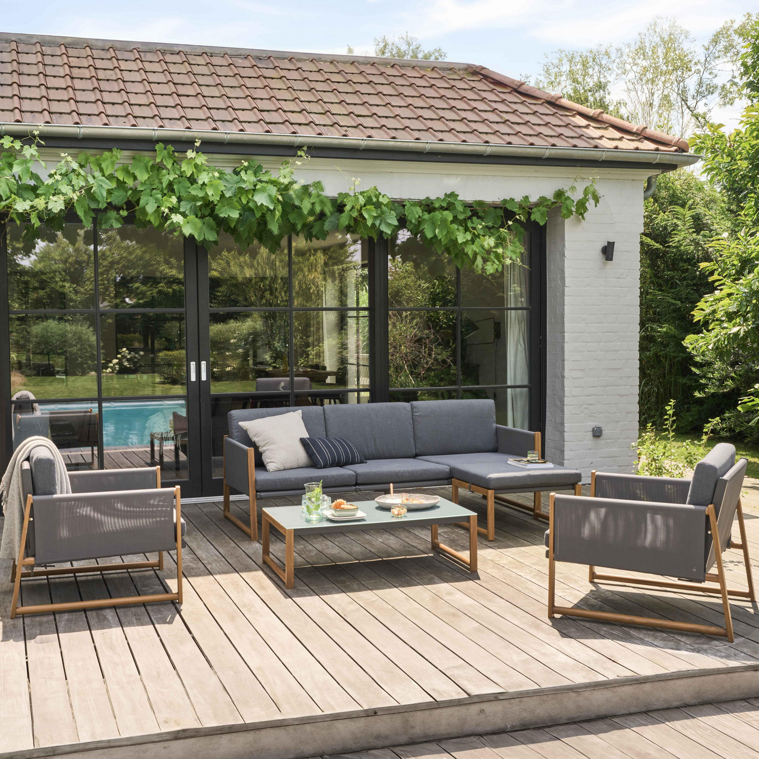 Thumbnail - Oviala Gartenmöbel, Grau, Metall, 2 Sesseln, 1 Sofa und 1 Tisch, 2-Sitzer, rechteckig,Rechteckig, Gartenmöbel, Gartenmöb...