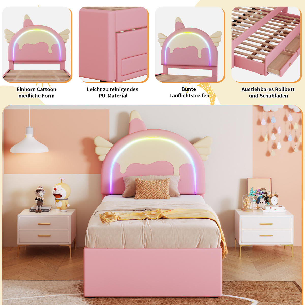 KINDERBETT 90/200 cm Einhornform mit ausziehbarem Rollbett aus PU in Rosa - Rosa, Kunststoff (90/200cm) - OKWISH