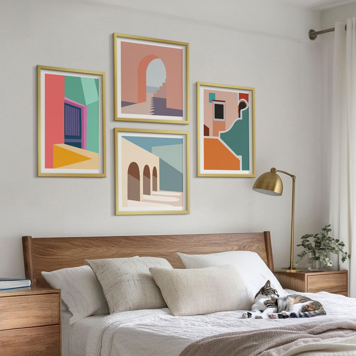 BILDER SET 4er Set - 50x50 cm & 40x60 cm Goldrahmen - Farbenfrohe Illustrationen der Stadt - Goldfarben, Kunststoff (50/50cm) - TULUP
