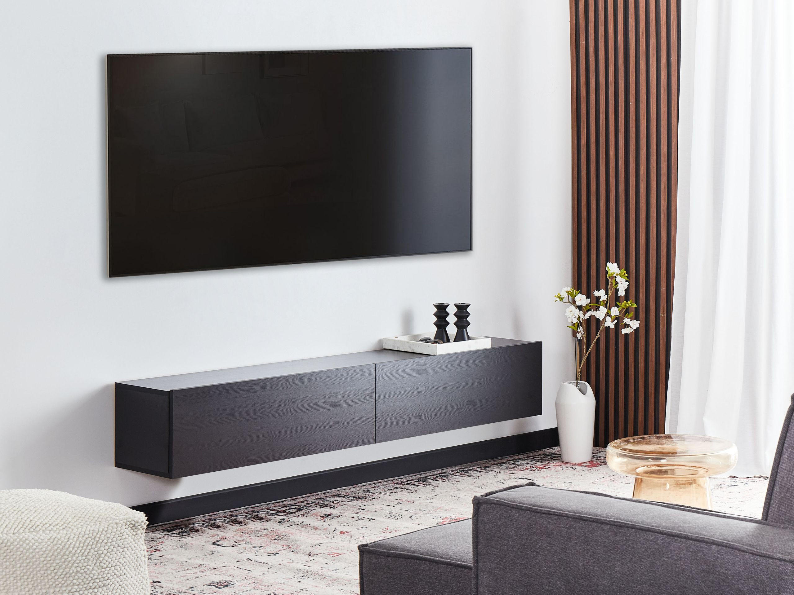 WANDMONTIERTER-TV-SCHRANK Schwarz Gladstone - Schwarz, Holzwerkstoff (180/30/32cm) - Beliani