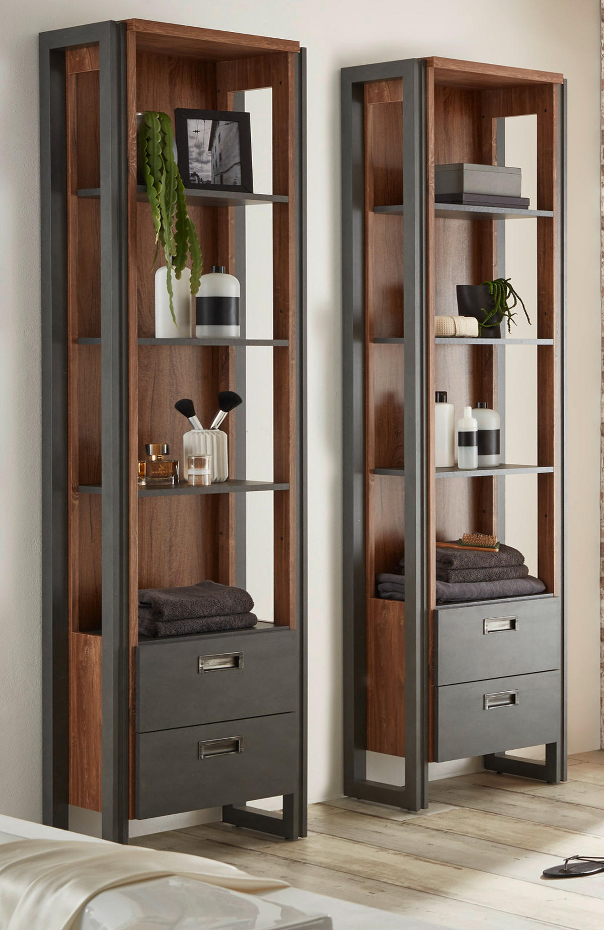 BADMÖBEL-SET 7-teilig Eiche Stirling, Matera grau, Doppelwaschtisch inkl. 2 x Waschbecken 277 x 205 cm Badkombination - Eichefarben/Grau, Holzwerkstoff (276/205/40cm) - Furn.Design