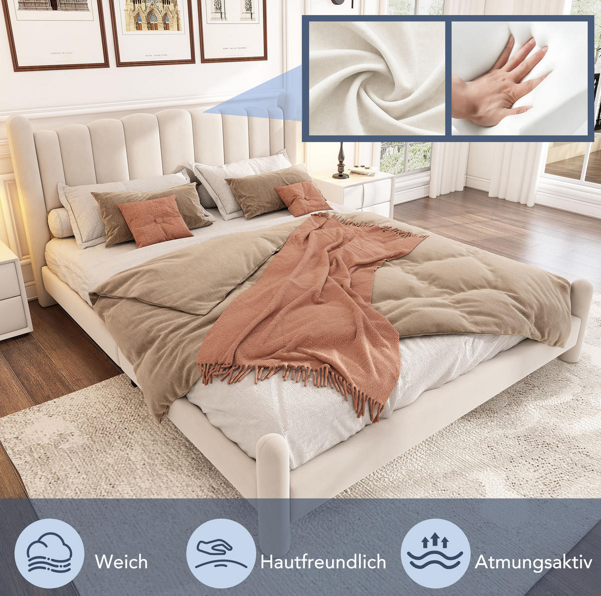 POLSTERBETT mit Lattenrost 180x200 cm Samt Beige - Beige, Metall (180/200cm) - Meubliv