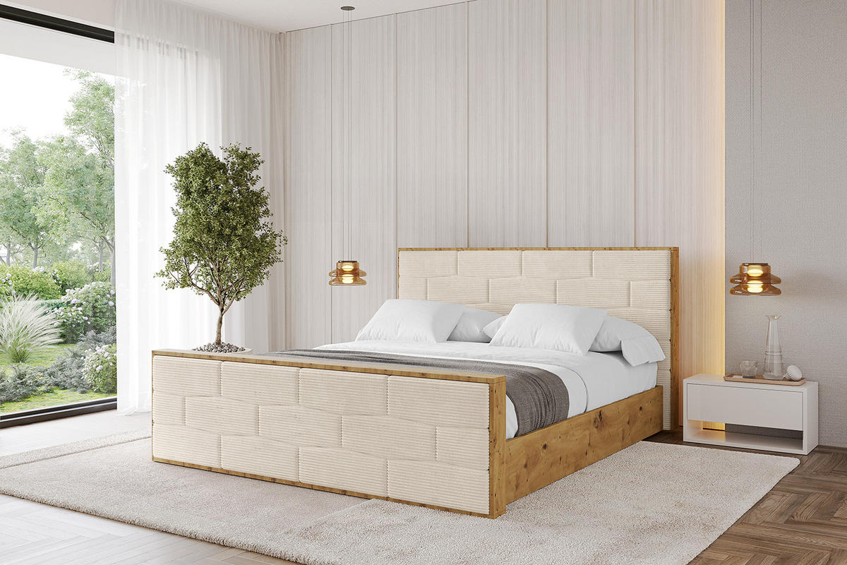 POLSTERBETT mit Bettkasten, Fußteil und Lattenrost, Boxbett mit Matratze H3/H4 - ENZO8-Z 140x200 Beige - Creme, Holzwerkstoff/Textil (140/200cm) - ALTDECOR