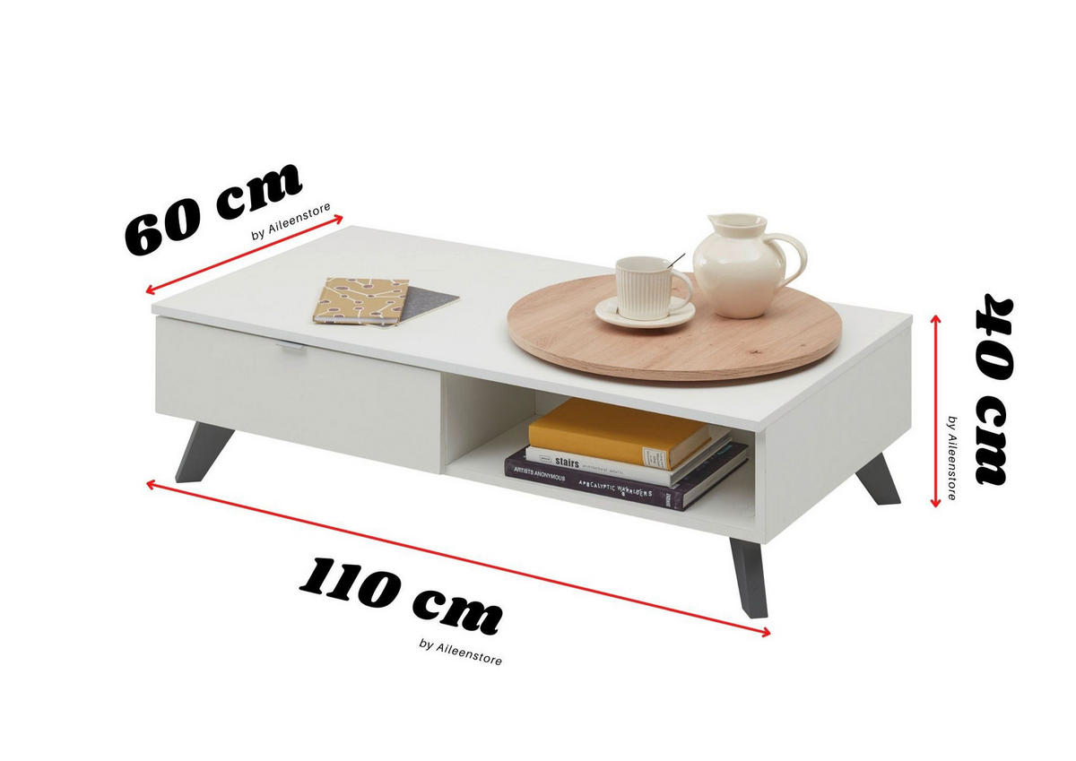 COUCHTISCH LIAM 110/34/60 cm mit Schublade und drehbarer Oberplatte - Weiß, Holzwerkstoff/Kunststoff (60/110/40cm) - Aileenstore