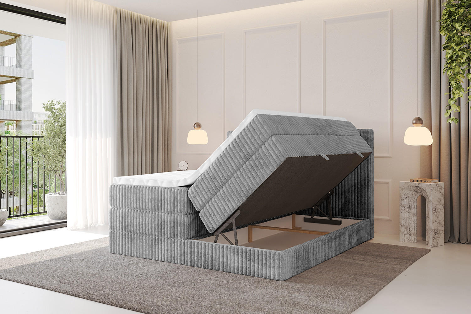Thumbnail - Altdecor Boxspringbett, Hellgrau, Holzwerkstoff, H3 + H4, Höhe ca. 38 cm, 160x200 cm, Schlafzimmer, Betten, Boxspringbet...