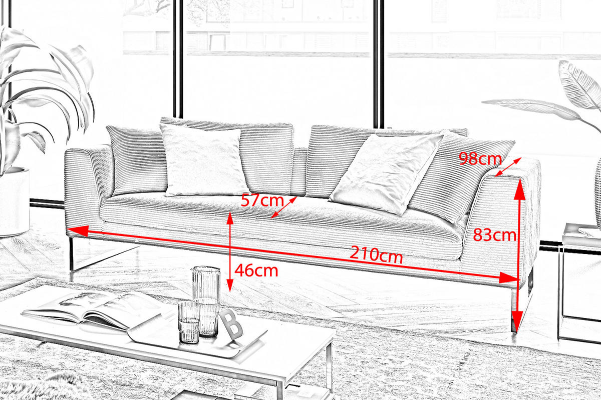 SOFA ARIAN Braun Cord - Silberfarben/Braun, Textil (210/83/98cm) - KAWOLA