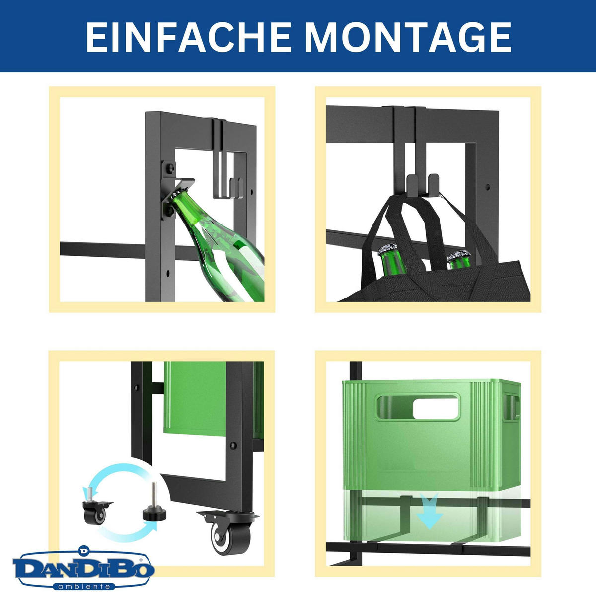 GETRÄNKEKISTENREGAL 4 Kisten mit Gitter Haken Rollen Metall Schwarz 96650 - Schwarz, Metall (72/89/32cm) - DanDiBo