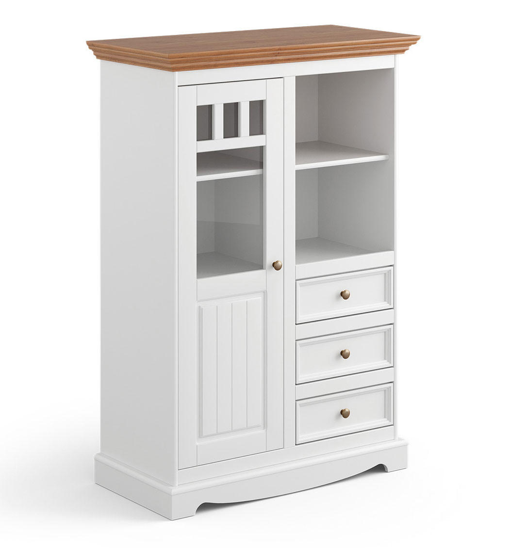 VITRINE Belluno Elegante Kiefer weiß (RAL9010) lackiert / Kiefer gebeizt, Eichefarben 89 / 44 / 130cm - Eichefarben/Weiß, Holz/Metall (89/130/44cm) - Feldmann-Wohnen