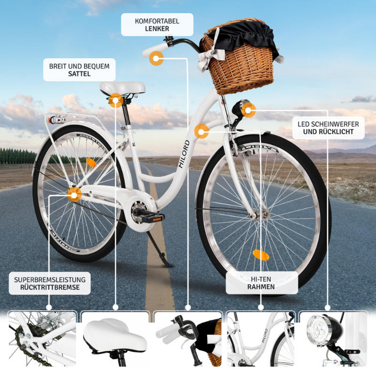 CITY-FAHRRAD Milord mit Weidenkorb, 28 Zoll, Weiß, 1-Gang - Weiß, Metall (46cm) - Milordbikes