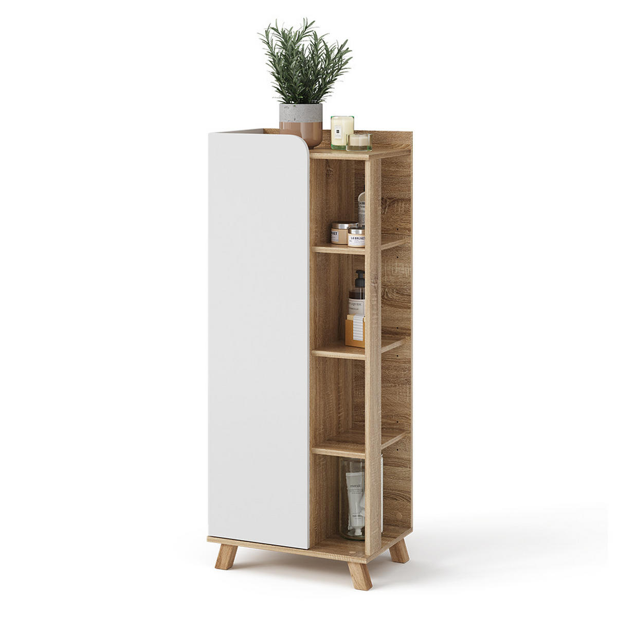 MIDISCHRANK Karen Sonoma/Weiß 50 x 128 cm mit Tür und offenen Fächern - Weiß/Sonoma Eiche, Holzwerkstoff (50/128/35cm) - Vicco