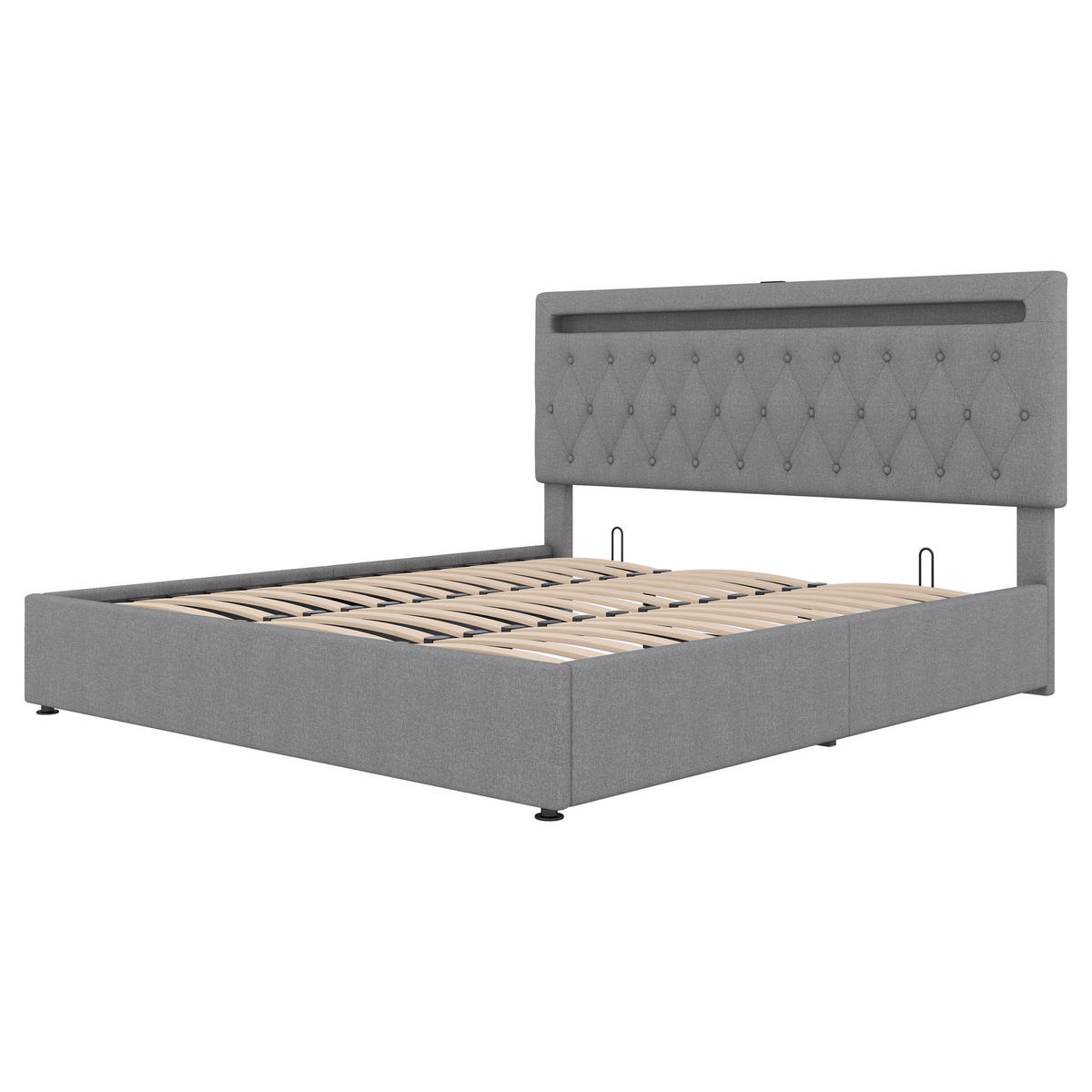 FLACHBETT 180x200cm Grau gepolstert Hydraulik LED USB - Grau, Holz (180/200cm) - FLIEKS