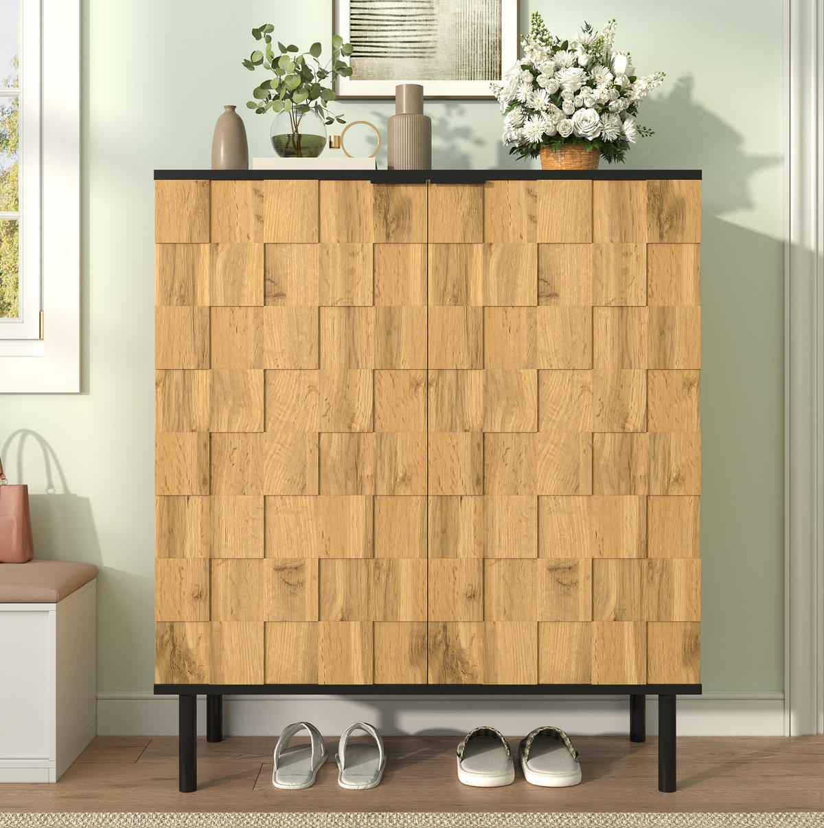 SCHUHSCHRANK 80/35/91,5 cm in Natur mit 2 Türen und höhenverstellbaren Böden - Naturfarben, Holzwerkstoff (80/91/35cm) - BEAOK