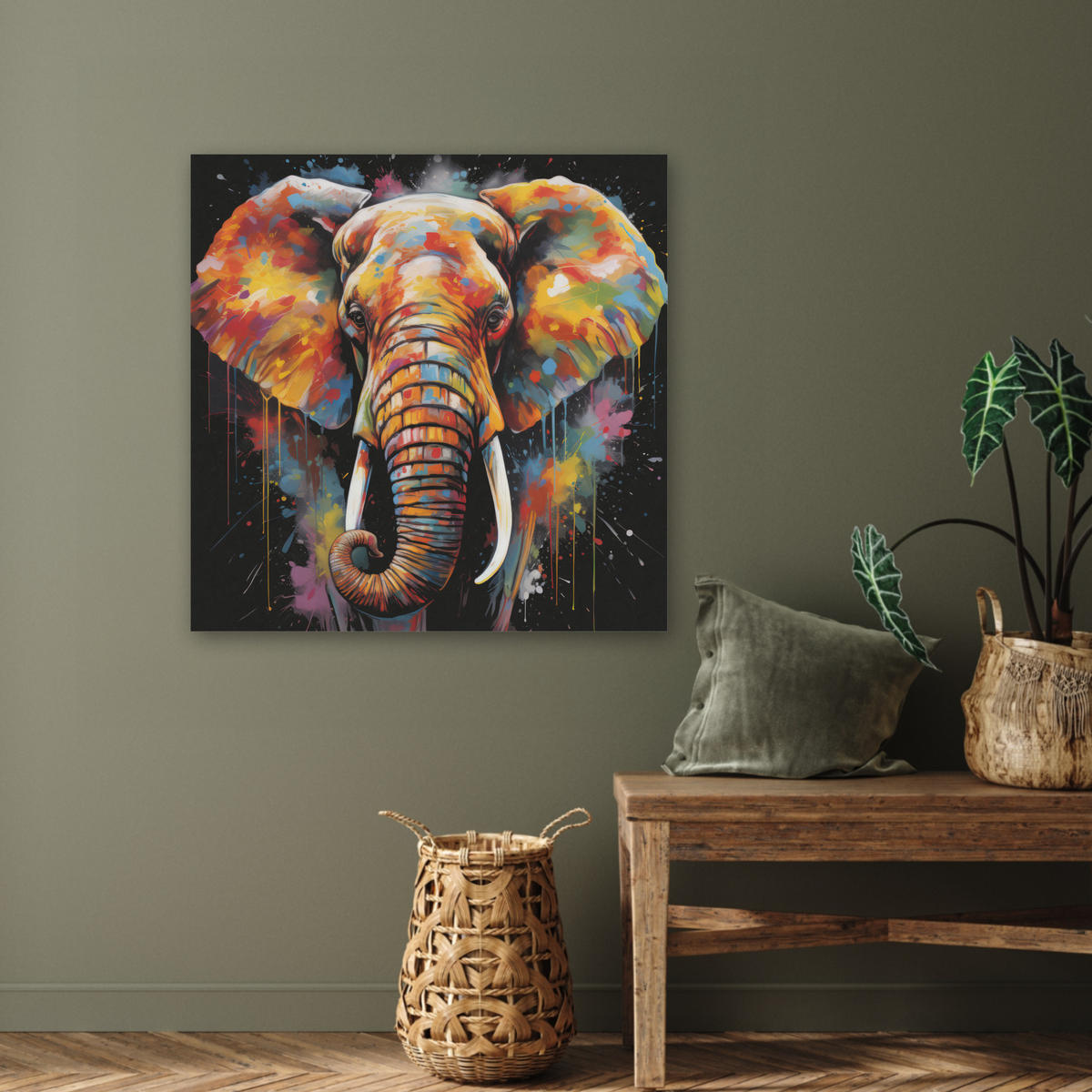 AKUSTIKBILD Elefant - Graffiti - Schwarz - Tiere - Farben Akustikpaneele 80x80 cm - Schwarz, Kunststoff (80/80/0.9cm) - MuchoWow