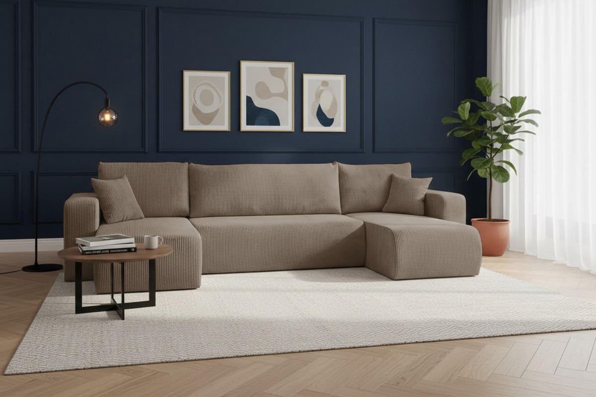 WOHNLANDSCHAFT LUNA U-FORM mit Schlaffunktion und Bettkasten (Braun) - Braun, Textil (312/83/142cm) - VENASI MÖBEL