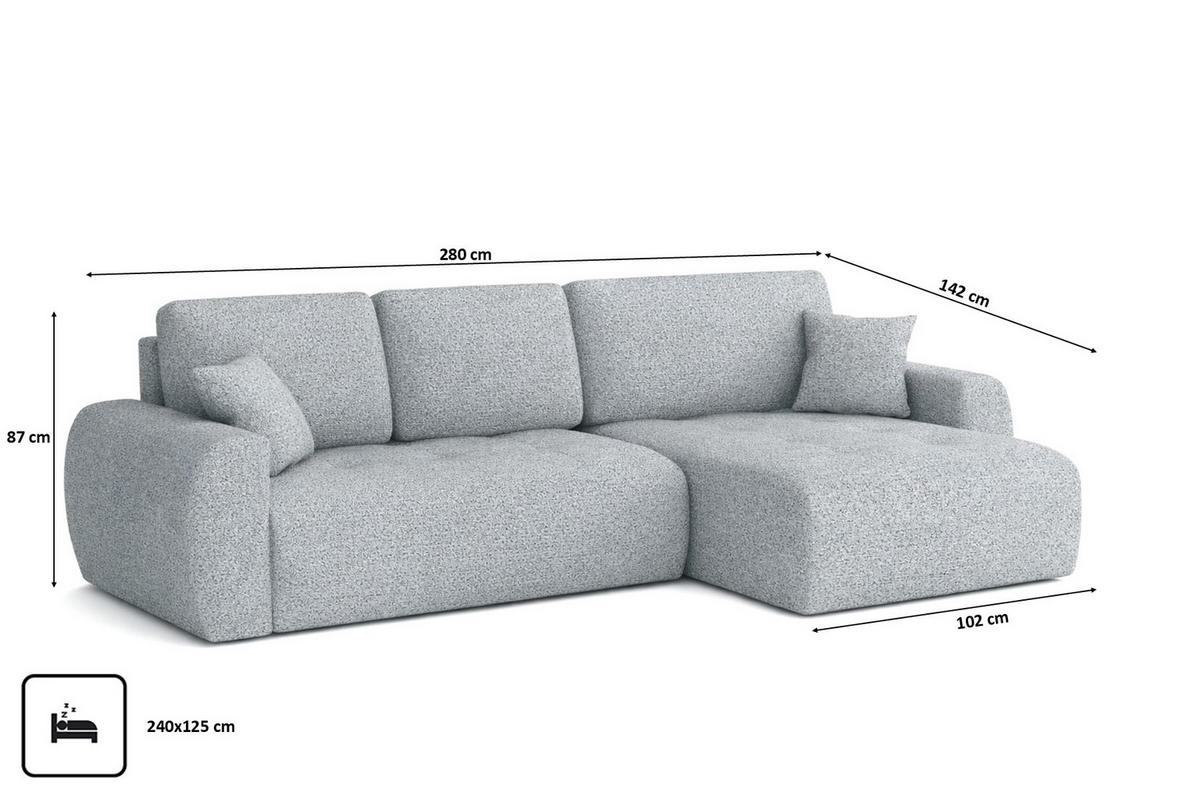 ECKSOFA Mit Schlaffunktion Und Bettkasten L-Form Ivo XL, Chenille-Stoff Artico, Cement, Rechts - Hellgrau, Holz (280/142cm) - Kaiser Möbel