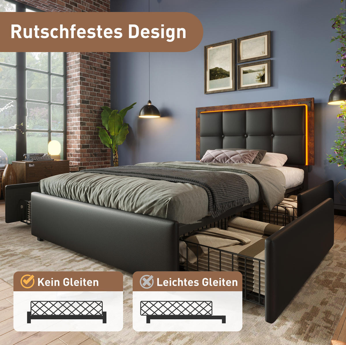POLSTERBETT 90/200 cm mit LED-Beleuchtung, 4 Schubladen, verstellbarem Kopfteil und PU-Kunstleder, und Matratze,Schwarz - Schwarz, Kunststoff (90/200cm) - Redom