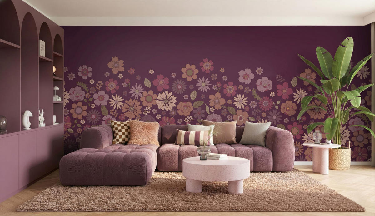 FOTOTAPETE Retro Blumen 2.5 x 2.79 m - Lila, Papier (250/279cm) - ESTAhome