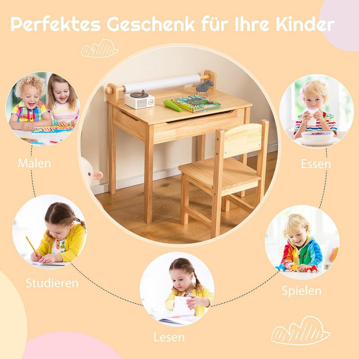 KINDERSCHREIBTISCH mit Stuhl natur(2-tlg) - Naturfarben, Holz (66/58/40cm) - COSTWAY