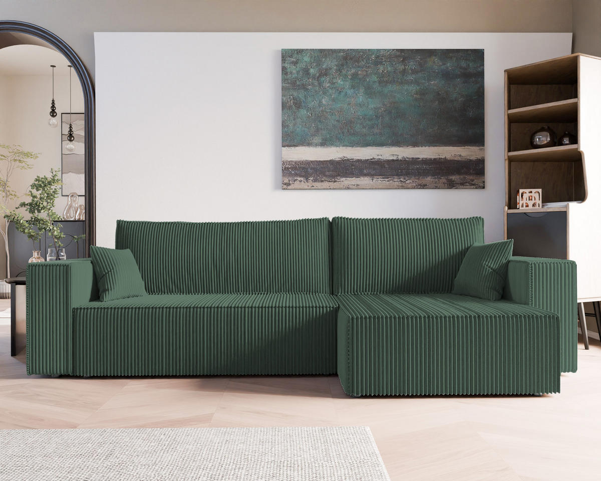 ECKSOFA mit Schlaffunktion und Bettkasten, Grün - Grün, Holzwerkstoff/Textil (145/276cm) - Idohome