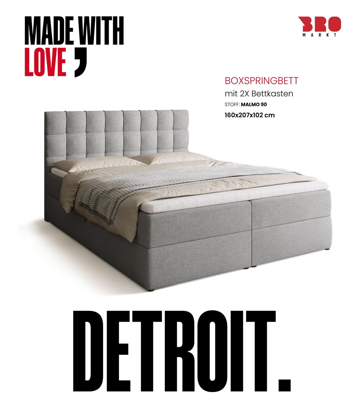 BOXBETT Detroit mit Topper 160/200 Hellgrau - Hellgrau, Holzwerkstoff/Textil (160/200cm) - Bromarkt