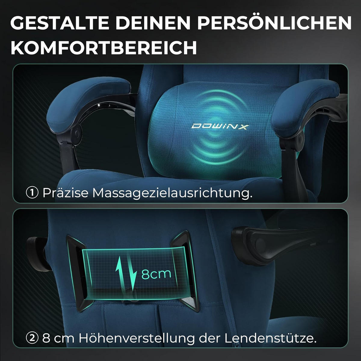 GAMING-STUHL Mikrofaser-Velours & Lendenkissen, Fußstütze 160° Neigbar - Blau, Leder (70/132/70cm)