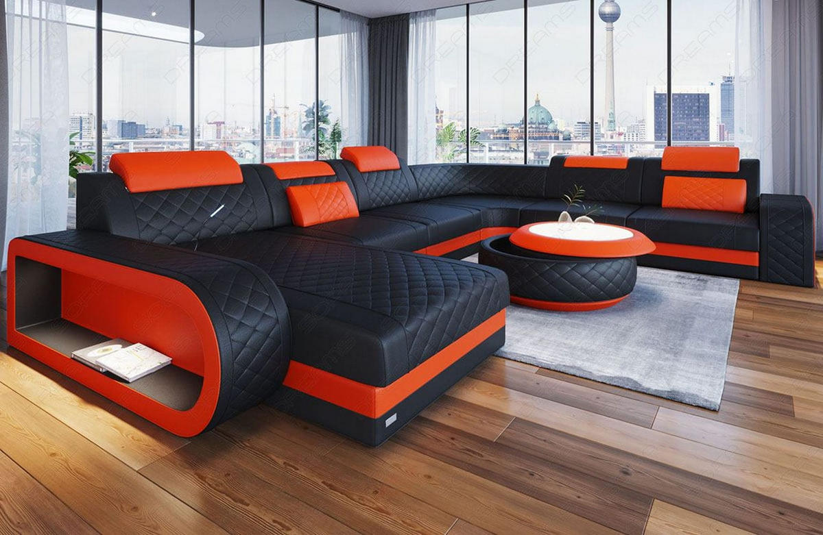 WOHNLANDSCHAFT Berlin U-Form Mini Schwarz Orange Kunstleder - Rot/Schwarz, Textil (362/80/264cm)