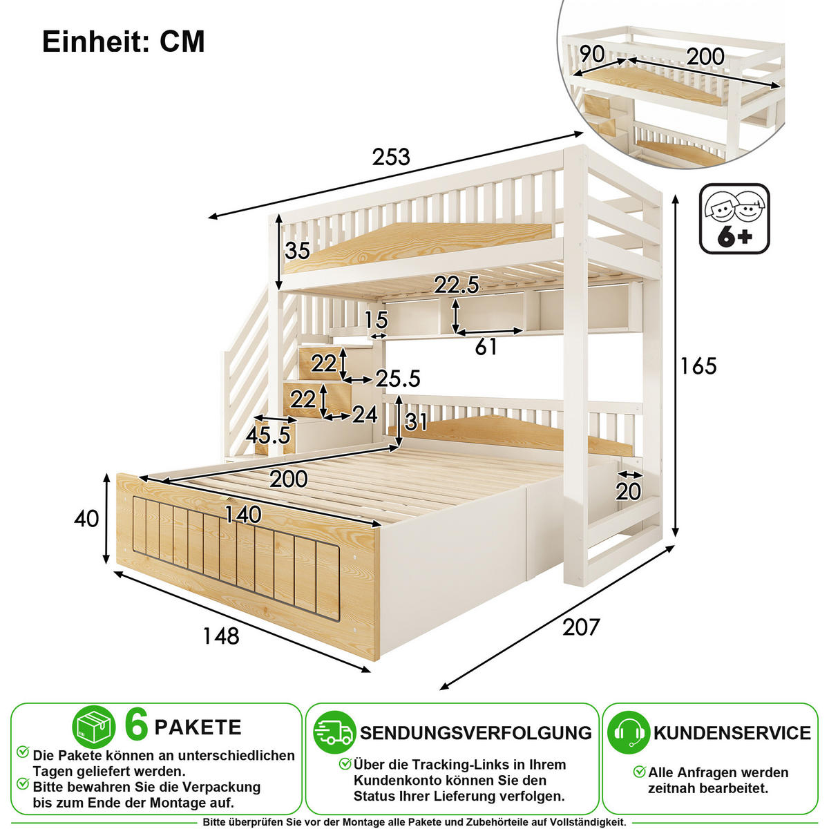 ETAGENBETT 90/200 cm & 140/200 cm in Weiß & Natur mit Treppenschrank, Stauraum und USB-C - Weiß/Naturfarben, Holz/Holzwerkstoff (140/200cm) - CHICFURN