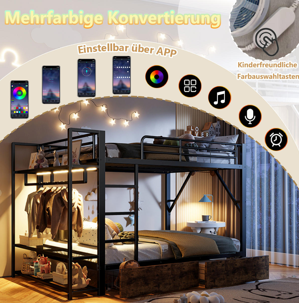ETAGENBETT 140/200 cm Schwarz mit LED und Schubladen - Schwarz, Metall (140/200cm) - MIVRAY