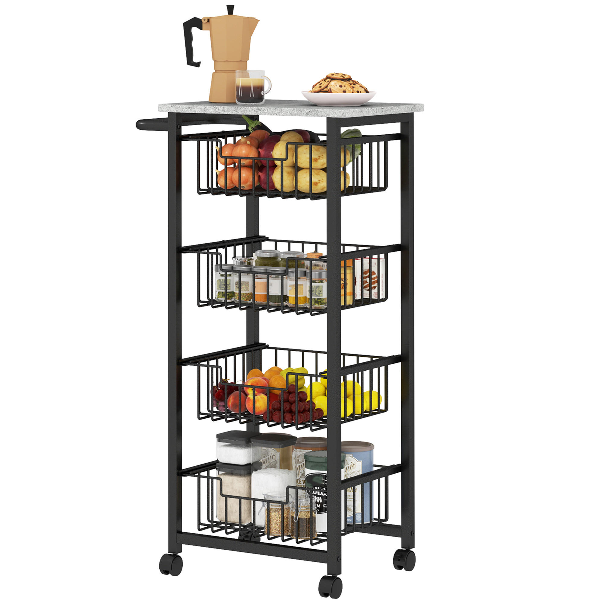 4-STUFIGE Küchenwagen auf Rädern, Küchen-Trolley mit 4 Stahlkörben, Servierwagen - Schwarz, Metall (31/91/49.5cm)