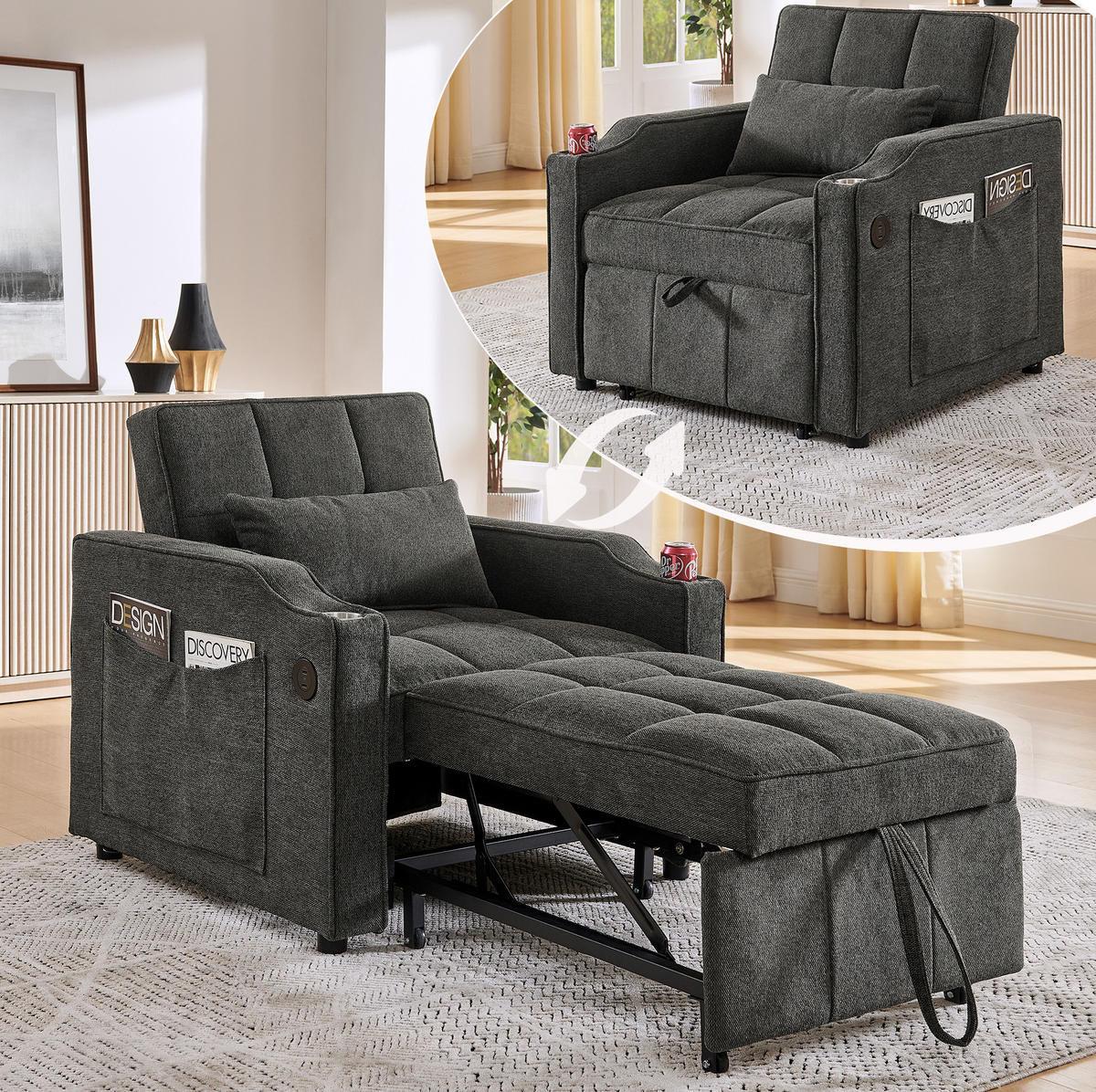 SCHLAFSESSEL 3-in-1 mit Bettfunktion 190 cm Stoff Dunkelgrau - Dunkelgrau, Holz (85/86/190cm) - Meubliv