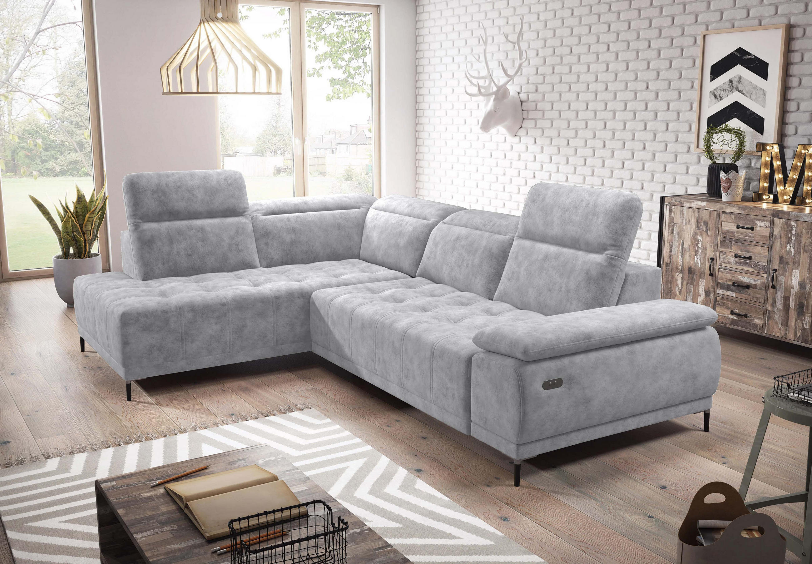 ECKSOFA FOCUS XL L-förmig Konfiguration freistehend LINKS 204x352x98cm Silver - Silberfarben, Holz/Textil (204/352cm) - DomoHome