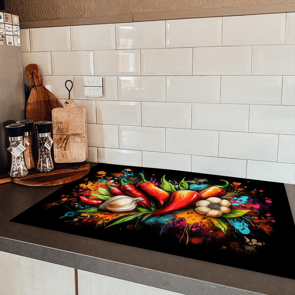 HERDABDECKPLATTE Gemüse - Paprika - Knoblauch - Graffiti - Farbe - Bunt 81x52 cm - Rot, Kunststoff (81/0.2/52cm) - MuchoWow