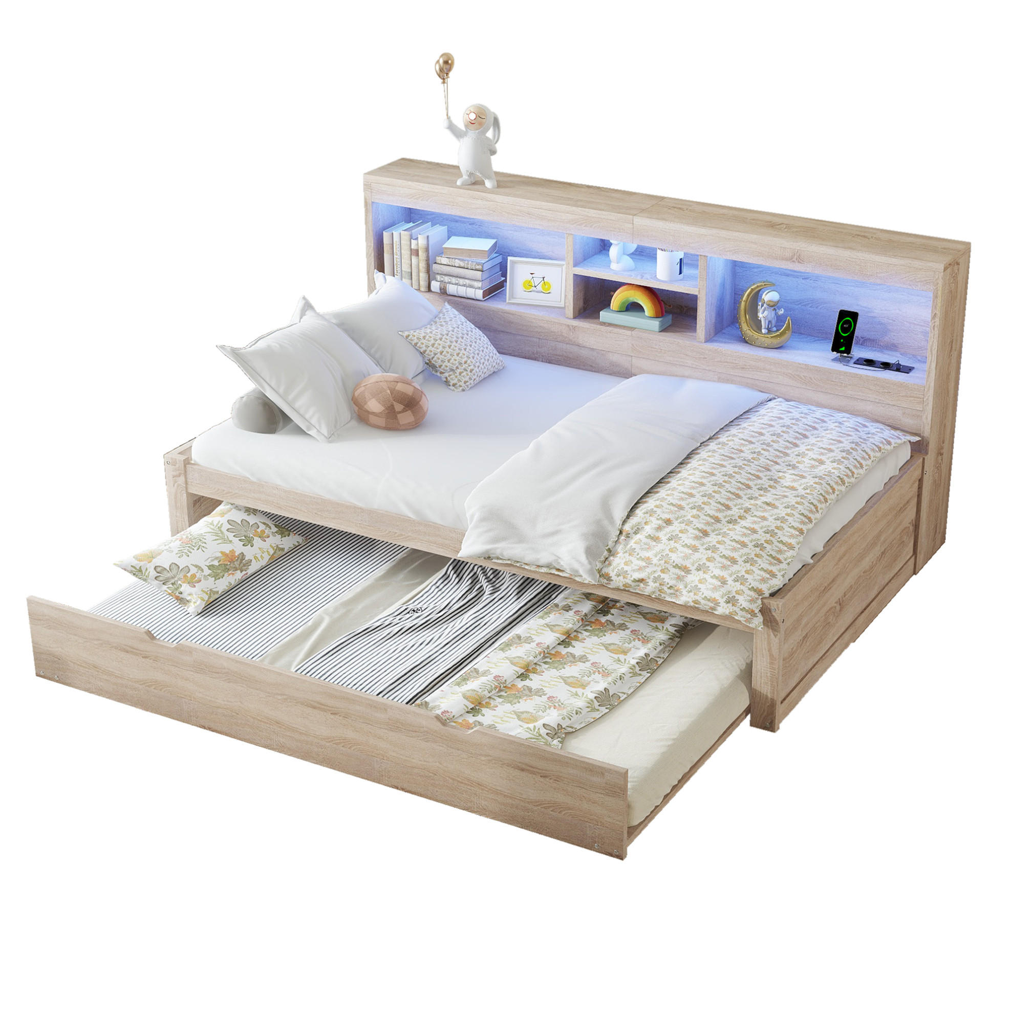 Modfu DĚTSKÁ postel z dřevotřísky a MDF 90x200 cm přírodní s LED osvětlením, USB, zásuvkou, úložným prostorem a výsuvným lůžkem