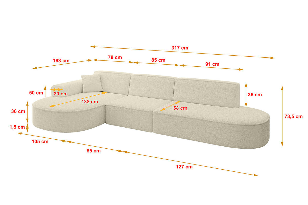 ECKSOFA Ottomane Links MARI-L2 - 317x163x73,5 cm Beige Bouclé - Beige/Schwarz, Holzwerkstoff/Kunststoff (165/321cm) - ALTDECOR