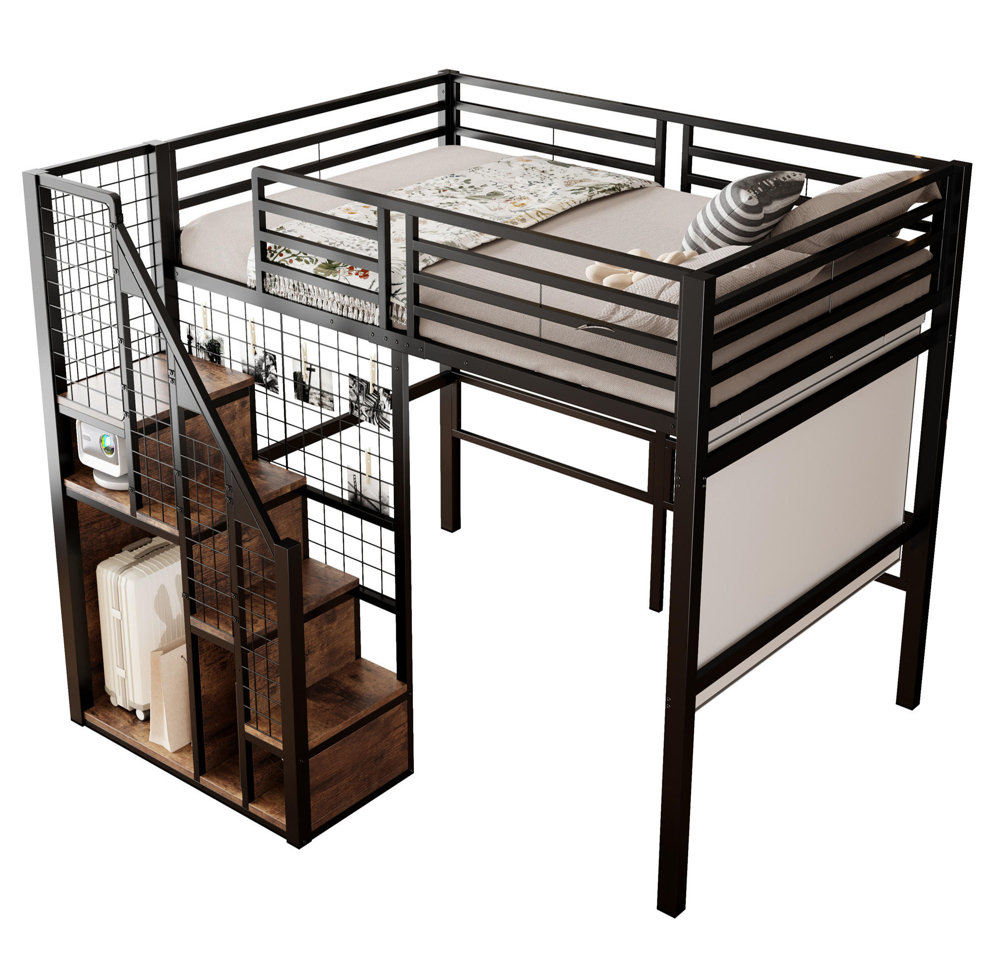HOCHBETT 140/200 cm aus Metall und MDF mit Stauraum, Gittertreppe und hoher Umrandung Schwarz - Schwarz, Metall (140/200cm) - Modenvie