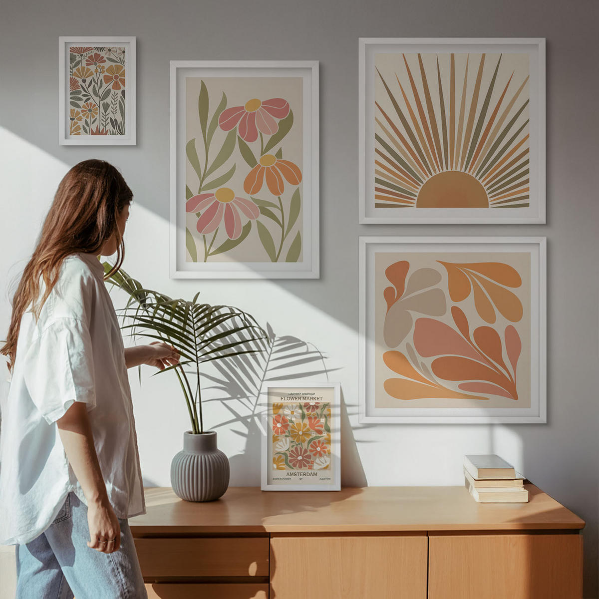 WANDBILDER 5er-Set - 50x50 cm & 20x30 cm & 40x60 cm Weißer Rahmen - Pastellfarbene Sonnenblumen - Weiß, Kunststoff (40/60cm) - ArtPrintCave