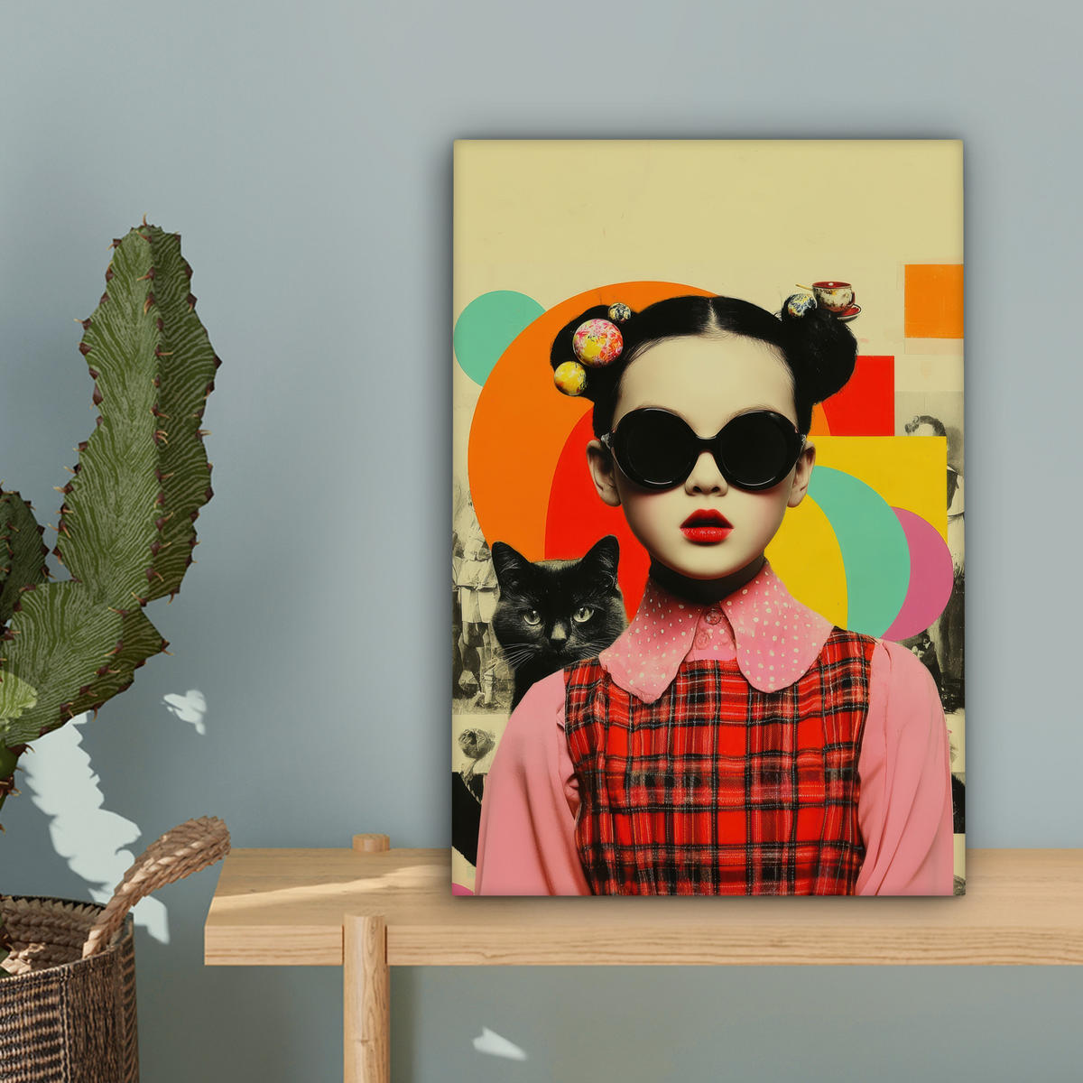 LEINWANDBILD Mädchen - Sonnenbrille - Katze - Retro Deko Wohnzimmer 20x30 cm - Beige, Textil (20/30cm) - MuchoWow