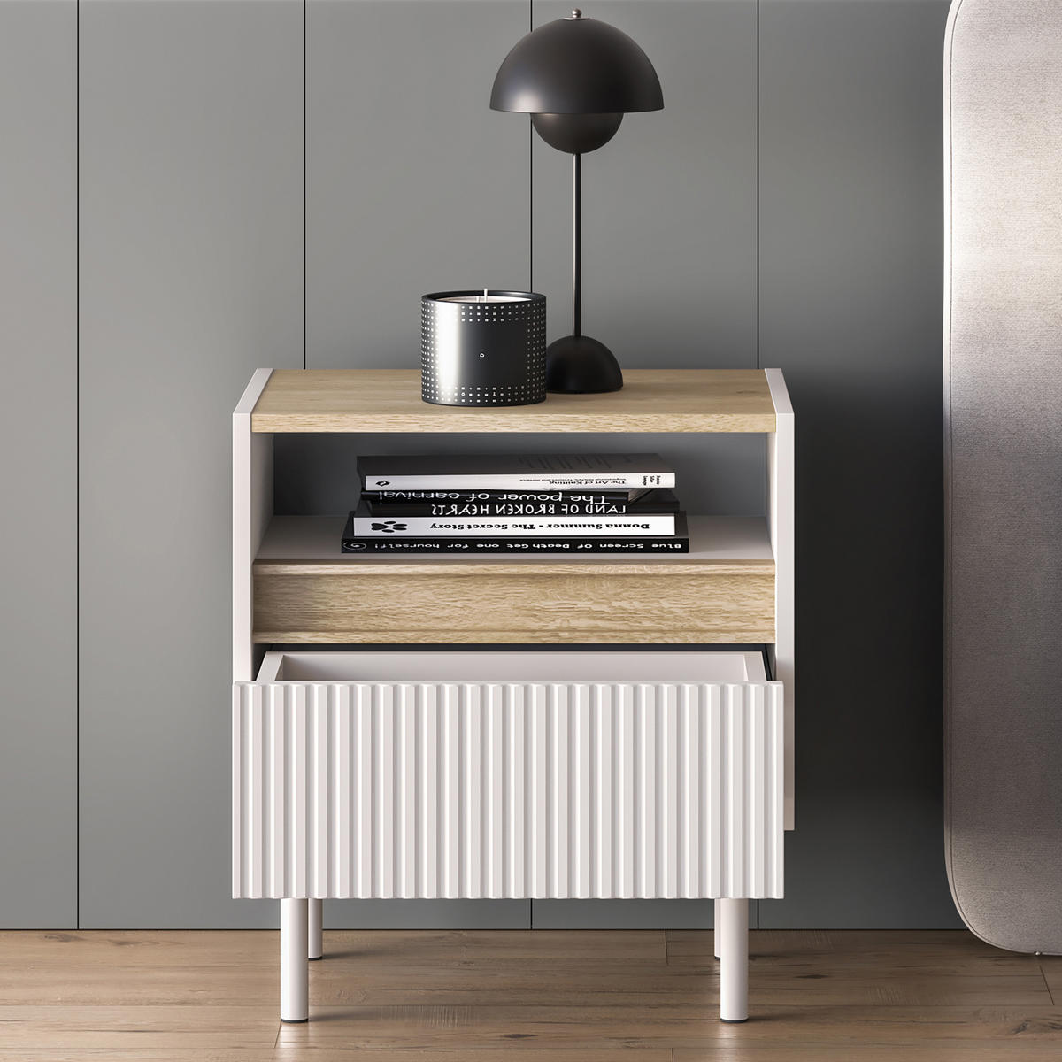 NACHTTISCH NALIA, Creme/Eiche - Eichefarben/Creme, Holzwerkstoff/Metall (50/55/35cm) - KONSIMO®