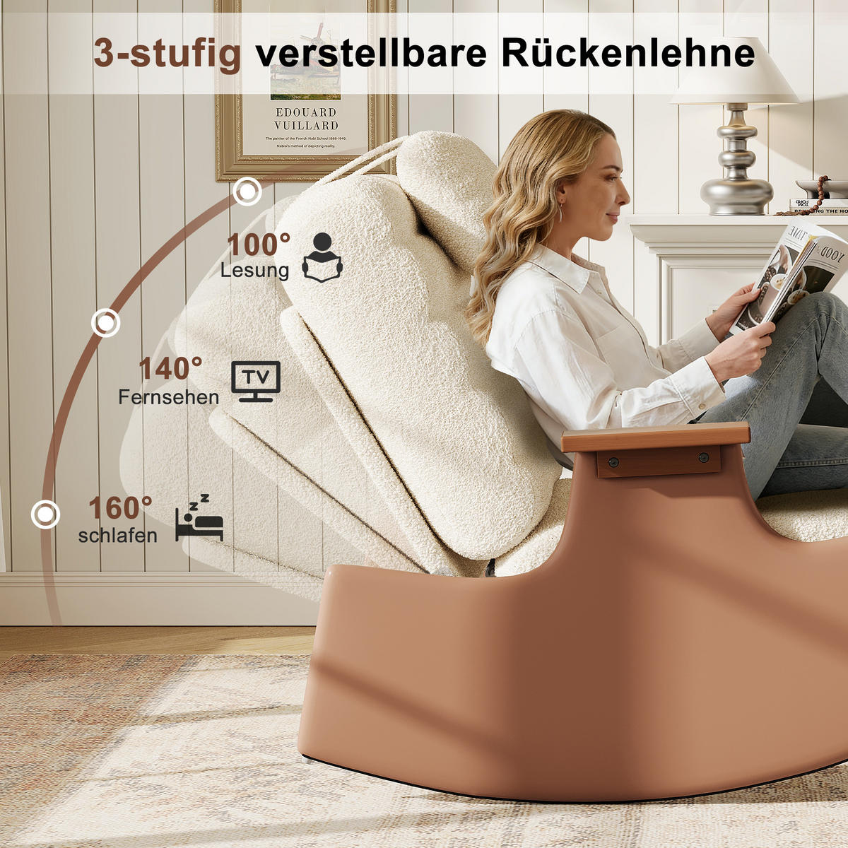 SCHAUKELSTUHL 3-stufig verstellbar Nackenstütze - Beige, Holz (51.5/81/81.5cm) - SHOPENTRA