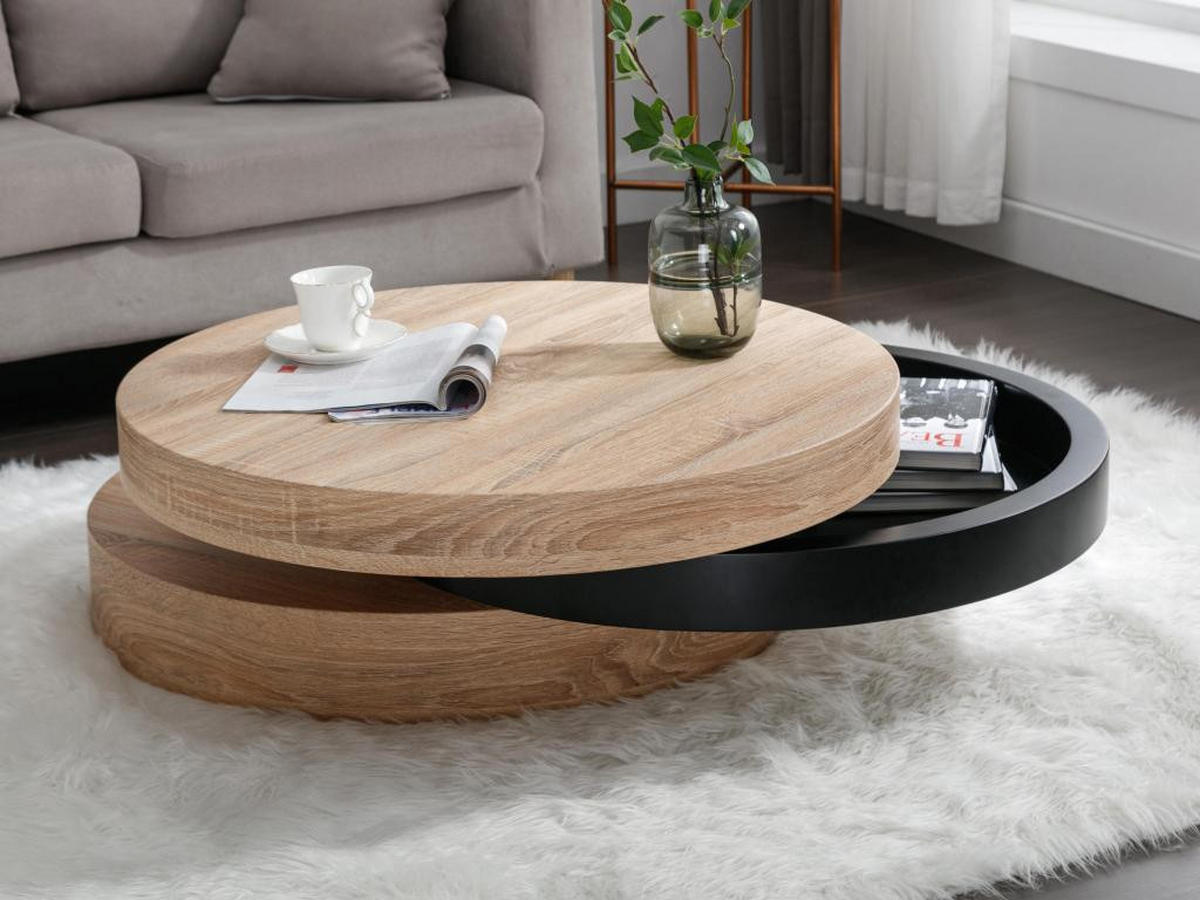 COUCHTISCH rund - drehbar - 1 Ablagefach - MDF - Schwarz & Holzfarben hell - JANITA - Schwarz, Holz (80/80/32.5cm) - Vente-Unique